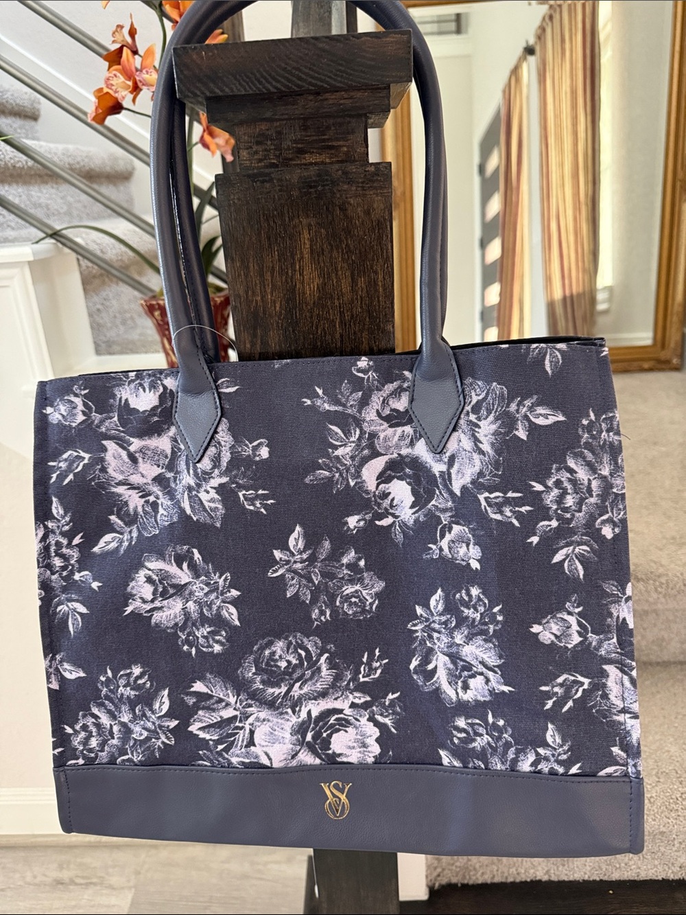 Victoria's Secret Navy Floral Tote with Light Pink Accents